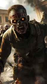 Decomposed soldier corpse with glowing eyes in ruined street.