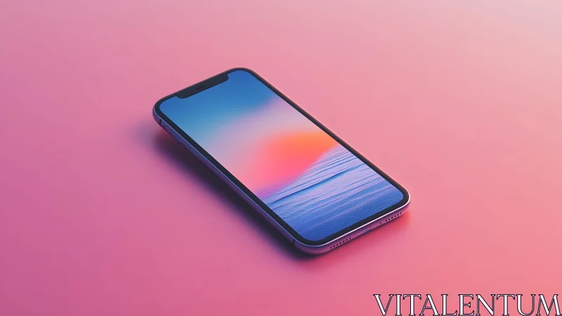 Modern smartphone with vibrant sunset wallpaper on pink gradient background.