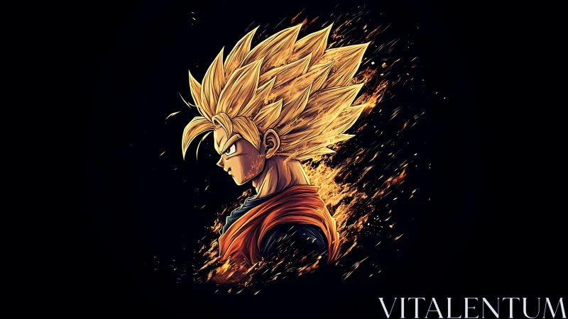 Fiery anime warrior profile radiates explosive golden power