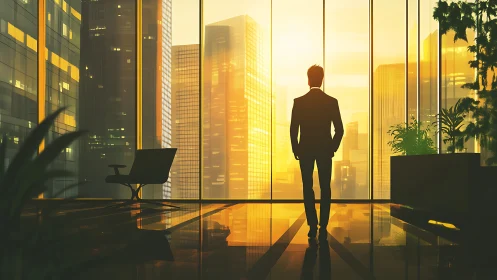 Businessman silhouette observing cityscape from high-rise office window at sunset