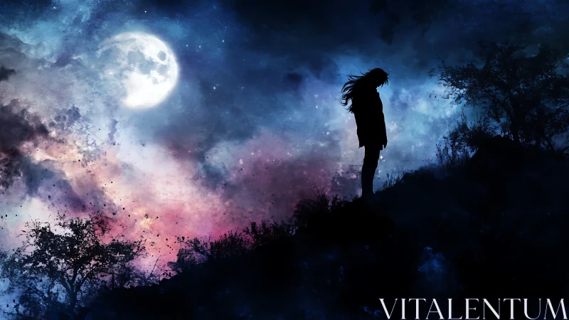 Silhouetted figure stands on ridge under illuminated full moon
