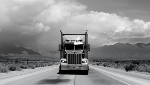 Long‑haul diesel semi on desert highway under stormfront.