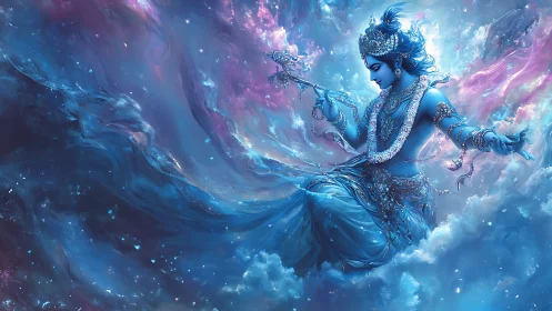 Celestial blue deity swirling through cosmic clouds of dawn.