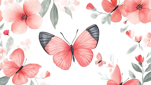 Coral butterflies drift among soft watercolor blossoms.