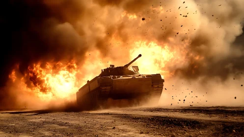 Military Tank Engulfed in Explosive Fire and Dust