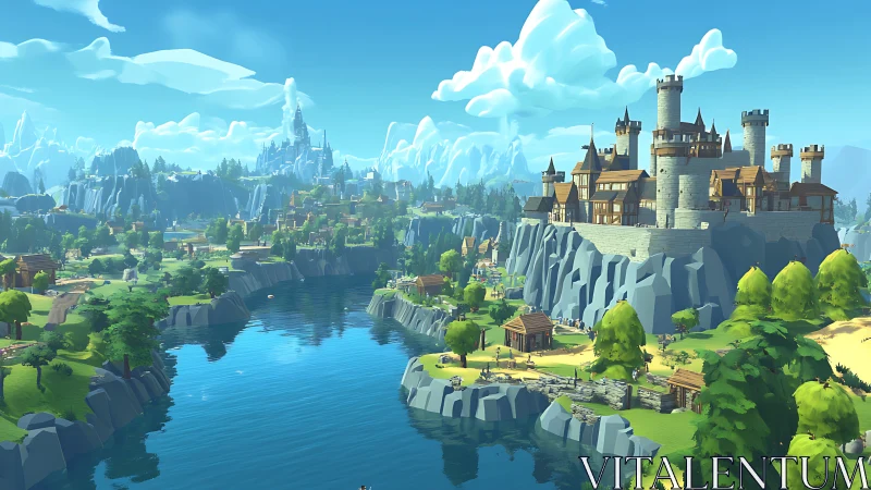 Sunlit low-poly river kingdom crowned by twin castles.