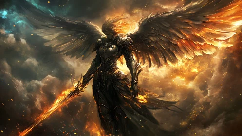 Fiery winged guardian rising from storm-brightened clouds.