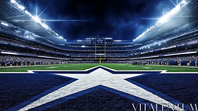 Night football stadium with bold midfield star logo view.
