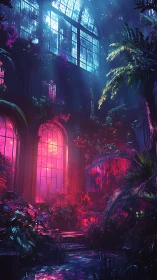 Lush indoor garden glowing with neon pink and blue light.