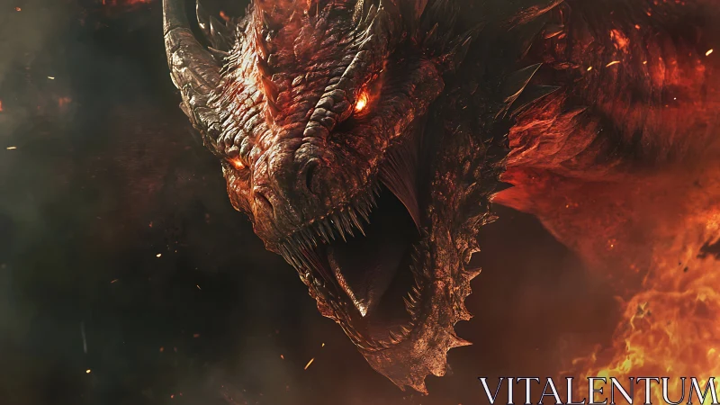 Infernal dragon roars amid swirling flame and flying embers.
