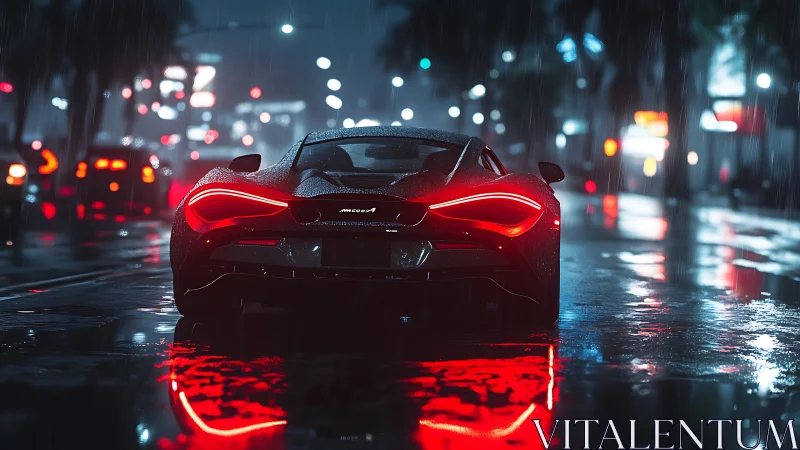 Photorealistic rear supercar in neon-soaked urban rain scene.