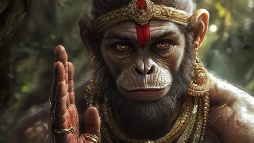 Divine simian warrior in ornate gold regalia, forest light.