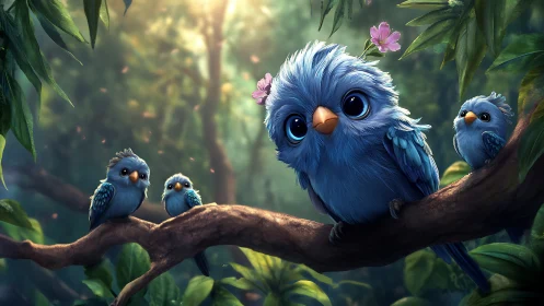 Adorable Blue Cartoon Birds on Tree Branch in Lush Forest Setting.