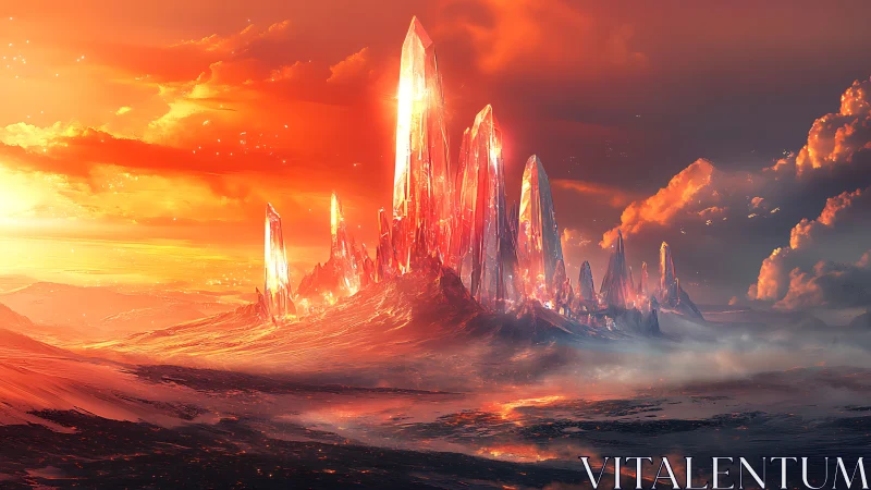 Crystalline spires dominate a molten horizon under volumetric light