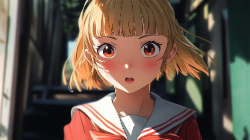 Anime schoolgirl with short blond hair in alleyway light.