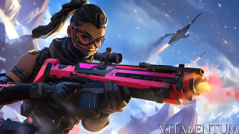Futuristic sniper aims pink rifle amid aerial combat.