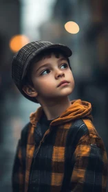 Young subject in plaid outerwear gazing upward amid urban bokeh.