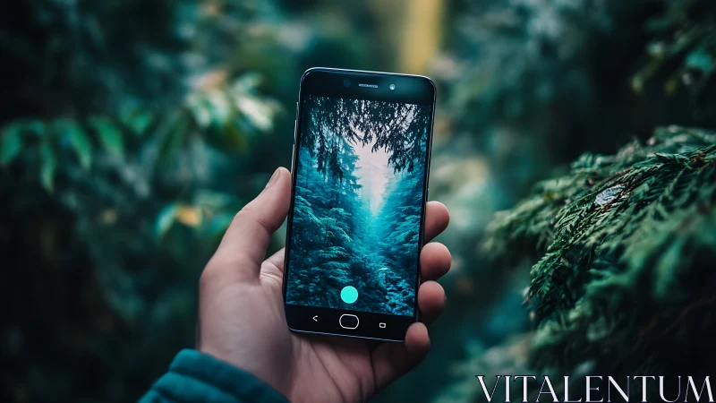 Forest path framed on a phone screen in soft teal light.