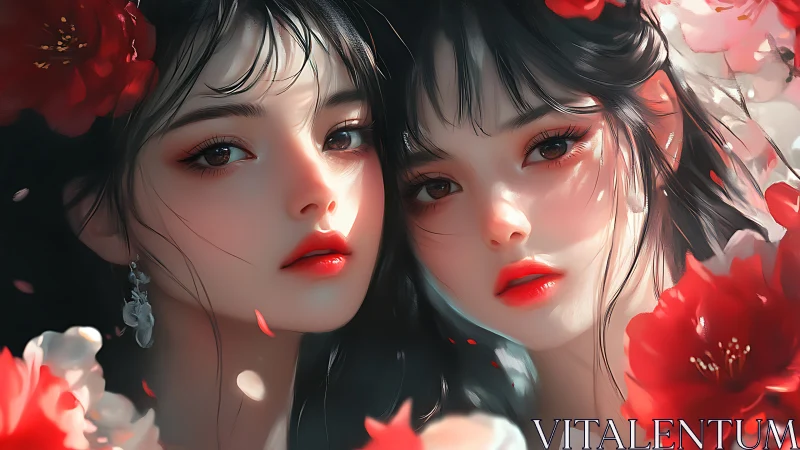 Dual Portrait Digital Rendering with Soft-Focus Floral Bokeh and Luminous Atmospheric Lighting