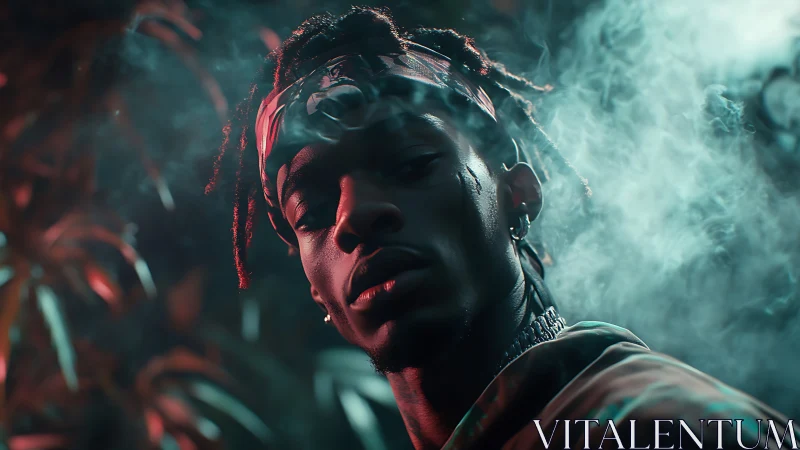 Moody portrait in colored smoke with sharp side lighting.