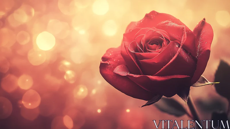 Red rose bloom with water droplets against warm bokeh background.