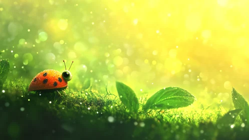 Tiny ladybug gazes into a glowing, magical morning meadow