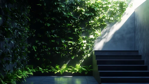 Modern courtyard with vegetation overgrowth and architectural elements.