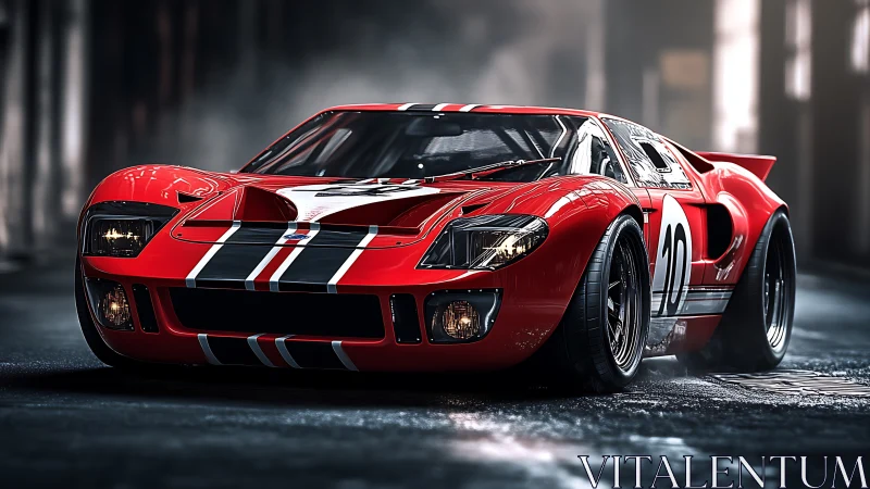 Low-angle render of red racing prototype in wet urban alley.