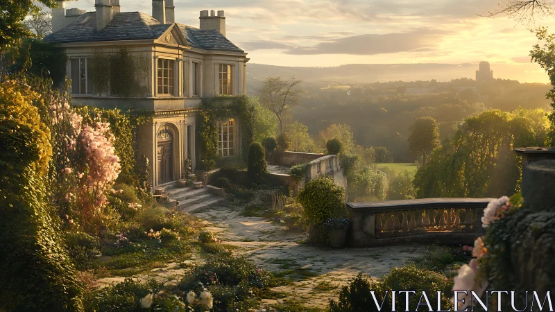 Sunlit country manor with overgrown garden and valley view.