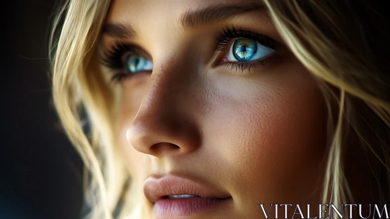Close-up digital portrait of woman with vivid blue eyes.