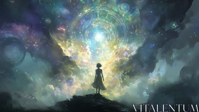 Silhouetted observer before concentric stellar vortex portal.