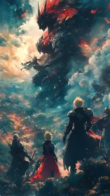 Skyward warriors confronting colossal draconic inferno.