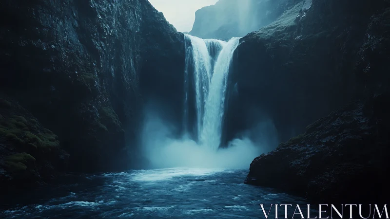 Misty twin waterfall plunges into dark secluded gorge.