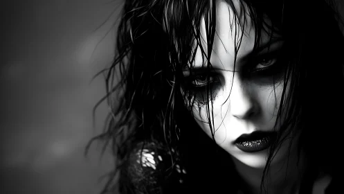 Gothic portrait in stark monochrome with wet, shadowed gaze.
