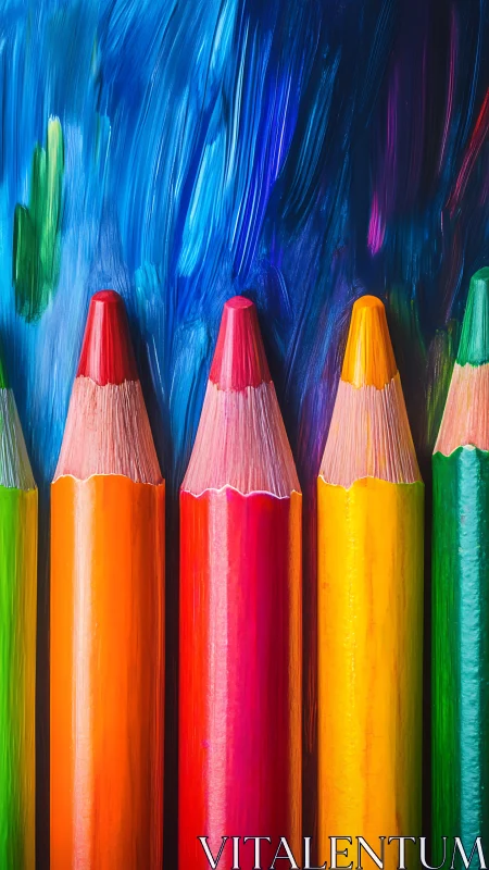 Close-up of colored pencils before blue painted backdrop.