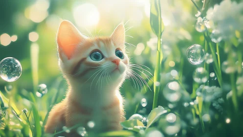 Ginger and White Kitten in Dewdrop Garden with Bokeh Backlighting