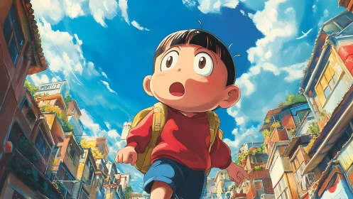 Urban perspective expansion around astonished anime schoolchild.