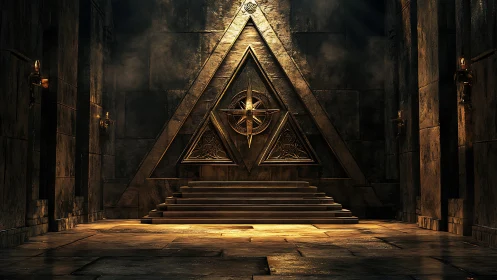 Ancient stone hall centers triangular altar with glowing sigil