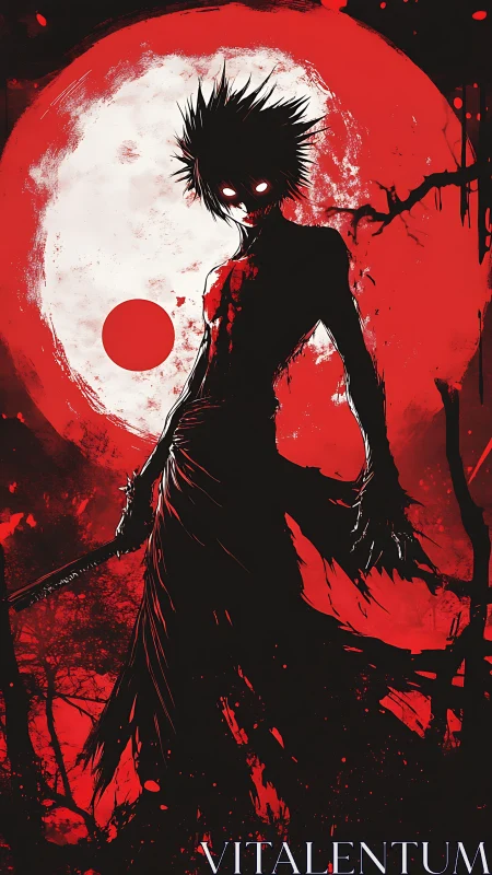 Blood-red moon crowns a feral shadow with burning eyes