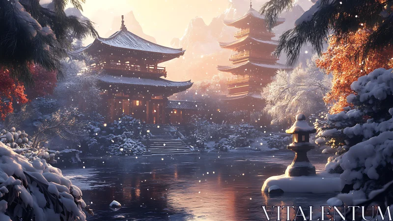 Snowy Japanese temple garden glows in soft golden twilight