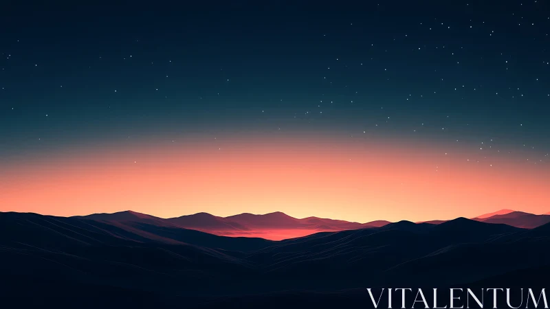 Digital dusk horizon over layered mountain silhouettes.