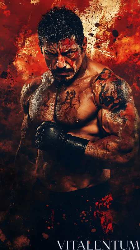 Fierce fighter stands strong amid splattered crimson energy