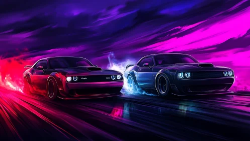 Neon muscle car street race under vivid cyberpunk sky.