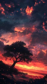 Solitary Tree Glows Against a Burning Sunset Sky