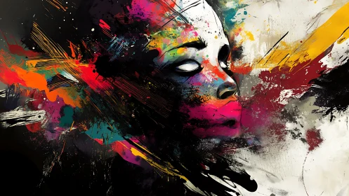 Abstract color-splashed portrait dissolving into chaotic strokes.