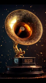 Golden gramophone trophy under dramatic studio lighting.