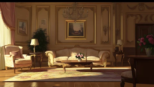 Elegant classical living room with ornate gold detailing.