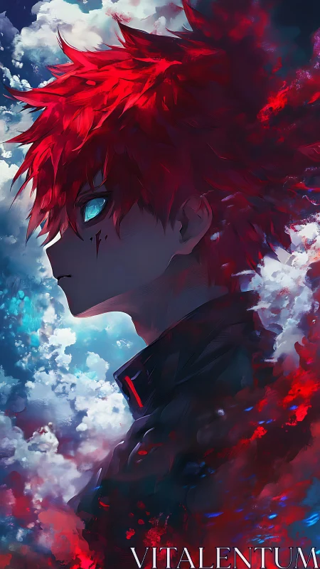 Crimson‑haired anime figure amid stormy clouds in profile.