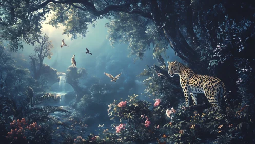 Leopard Gazes Across Misty Jungle Sanctuary.