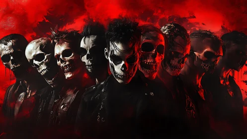 Row of skull-faced figures in dense red atmospheric field.